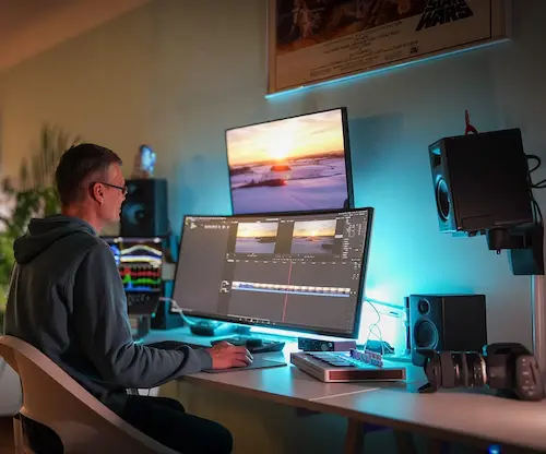 Yves Larivierre travaille sur un montage vidéo — Mooovy, votre société de production audiovisuelle en Belgique
